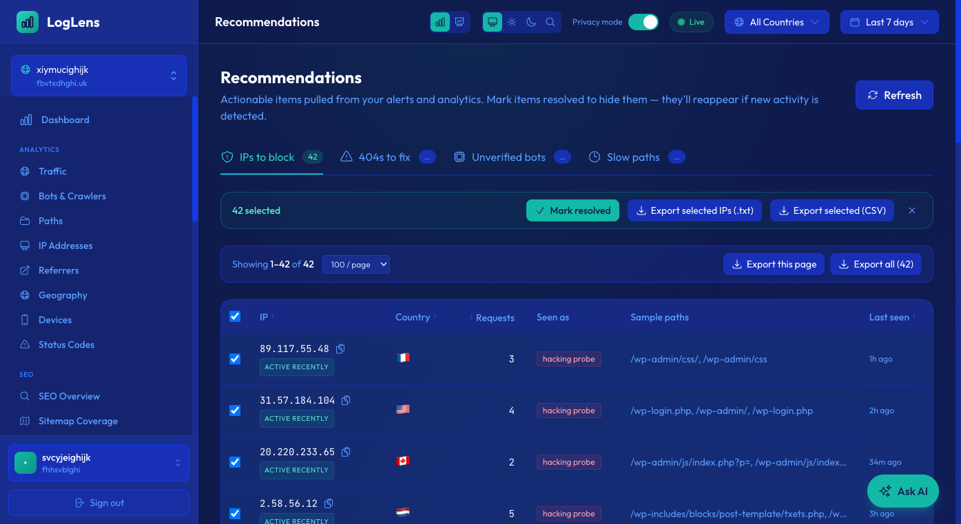 Bulk multi-select, sortable columns and country flags on Recommendations