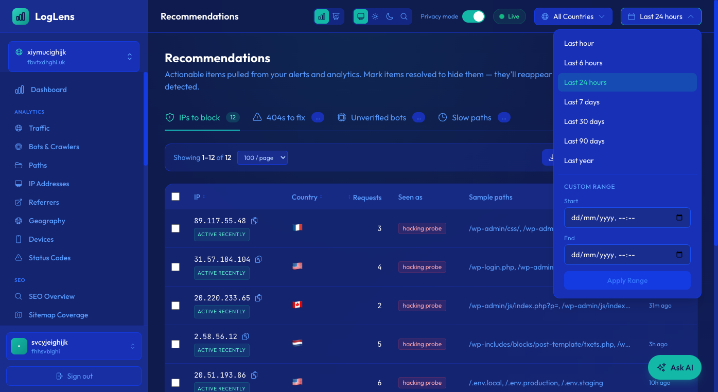 Recommendations now respect the page time picker and explain empty states