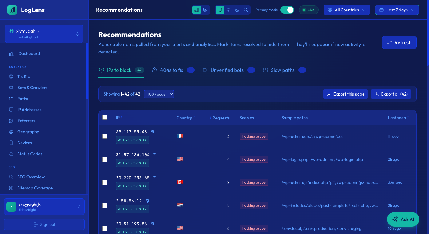 Recommendations exports now include the site domain in the filename